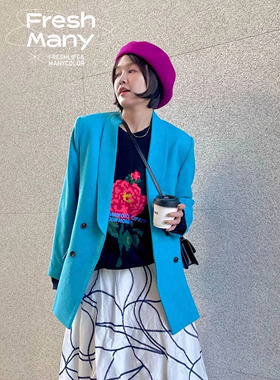 限量 原创日本进口稀有宝石蓝羊毛粗花彩点复古西装女西装外套