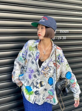 美式街头复古涂鸦手绘印花衬衫宽松慵懒休闲长袖衬衣女上衣防晒衫