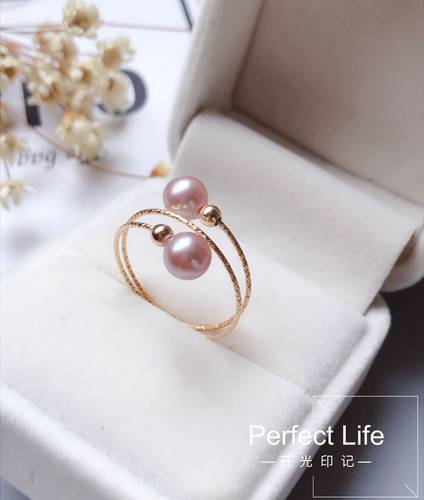 天然粉紫色淡水珍珠14K包金弹簧