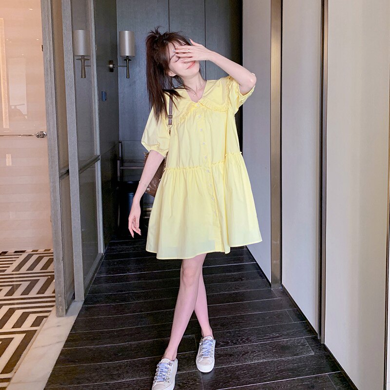 法式甜美黄色娃娃领泡泡袖连衣裙女夏季2025新款小个子宽松娃娃裙,女装连衣裙,浙宝296A