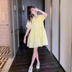 法式甜美黄色娃娃领泡泡袖连衣裙女夏季2025新款小个子宽松娃娃裙