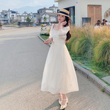 法式初恋长袖白色连衣裙女春秋2025温柔白月光高级感收腰长裙及踝，女装连衣裙，浙宝296A
