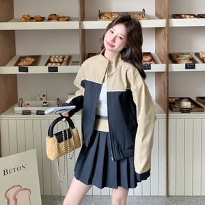 【新款现货】卡其色藏蓝拼接休闲半裙套装296A-8085-P195-K318图片