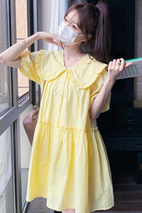 法式甜美黄色娃娃领泡泡袖连衣裙女夏季2025新款小个子宽松娃娃裙图片