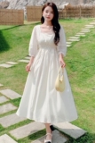 法式初恋长袖白色连衣裙女春秋2025温柔白月光高级感收腰长裙及踝，女装连衣裙，浙宝296A
