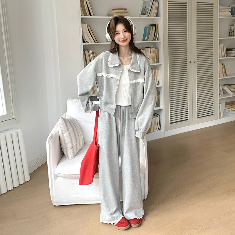 【秋季现货】灰色蕾丝花边卫衣套装296A-8130-p175-k258,女装套装/套裙,浙宝296A