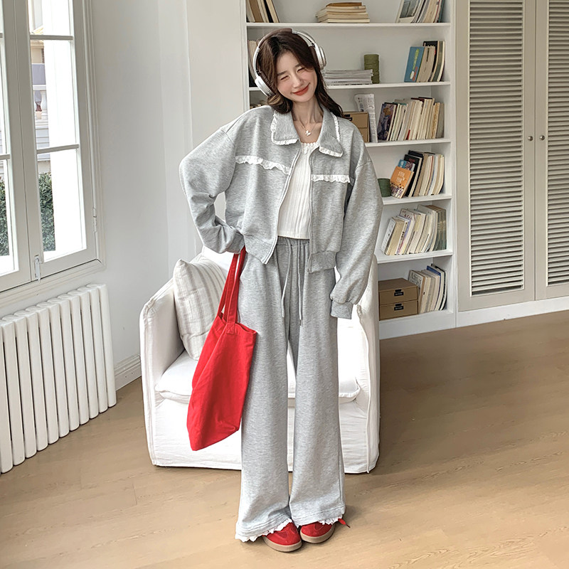 【秋季现货】灰色蕾丝花边卫衣套装296A-8130-p175-k258,女装套装/套裙,浙宝296A