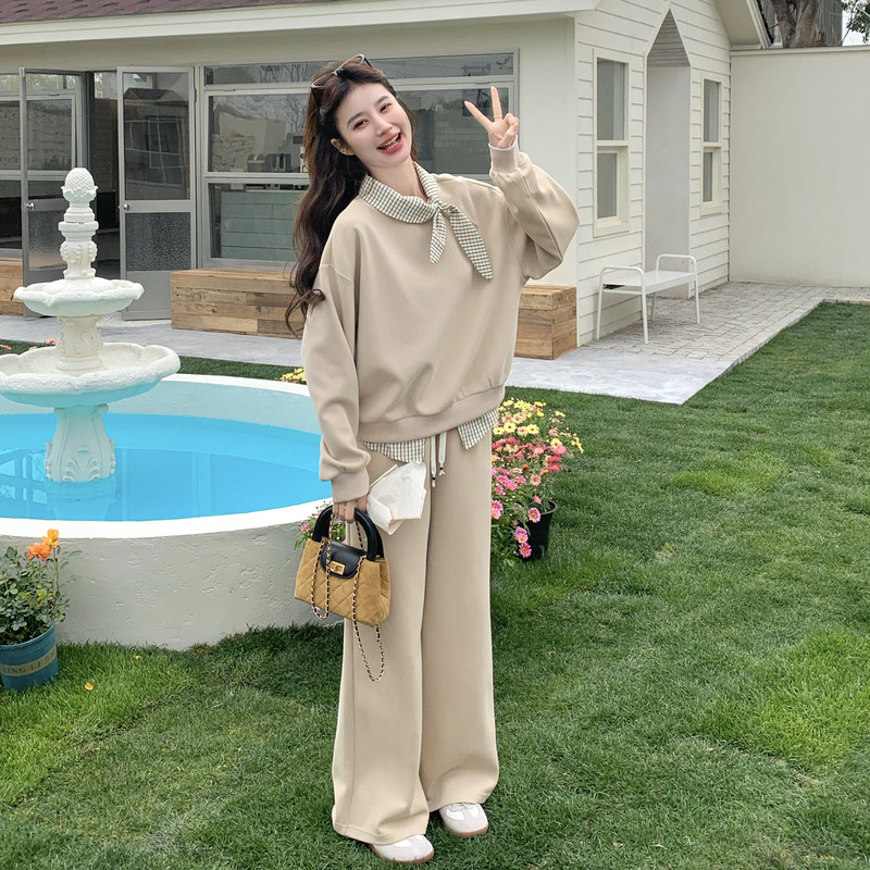 【新款现货】杏色卫衣蝴蝶结领拼接套装296A-8190-P195-K318，女装套装/套裙，浙宝296A