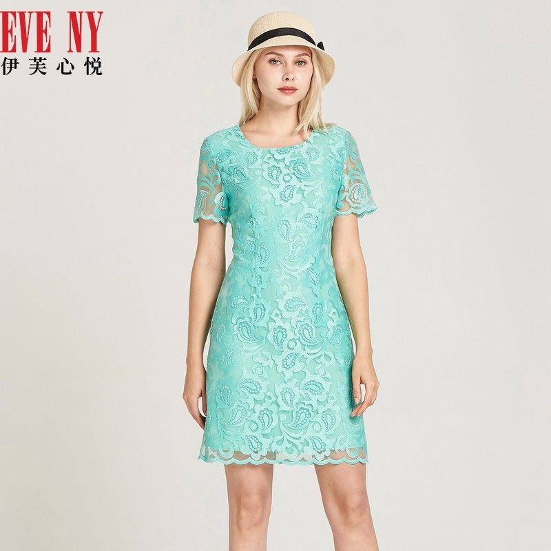 eveny伊芙心悦春夏季新款薄荷绿通勤蕾丝印花圆领短袖连衣裙