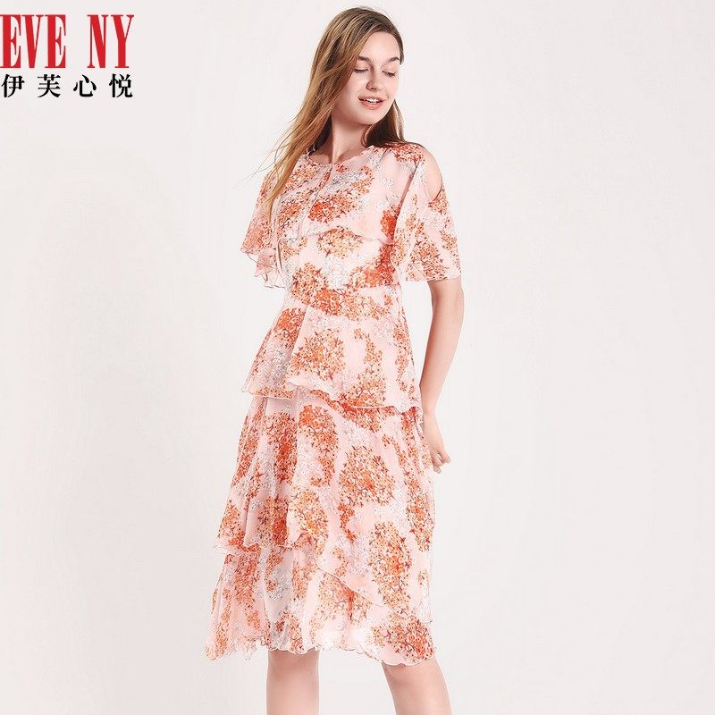 eveny伊芙心悦夏季新款花草落肩袖遮肉显瘦连衣裙
