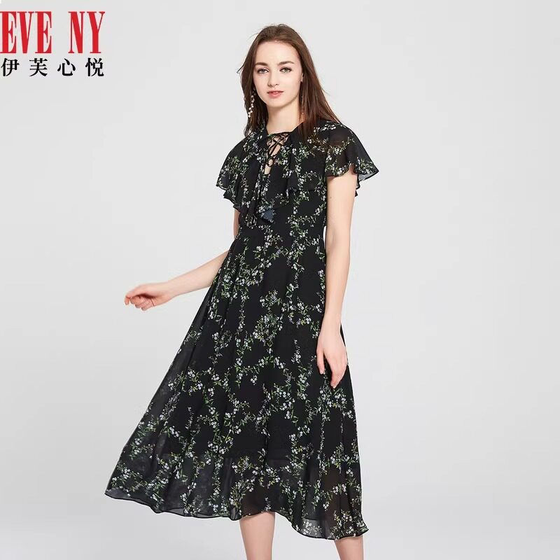 EVENY伊芙心悦女装春夏通勤淑女修身印花短袖长款连衣裙