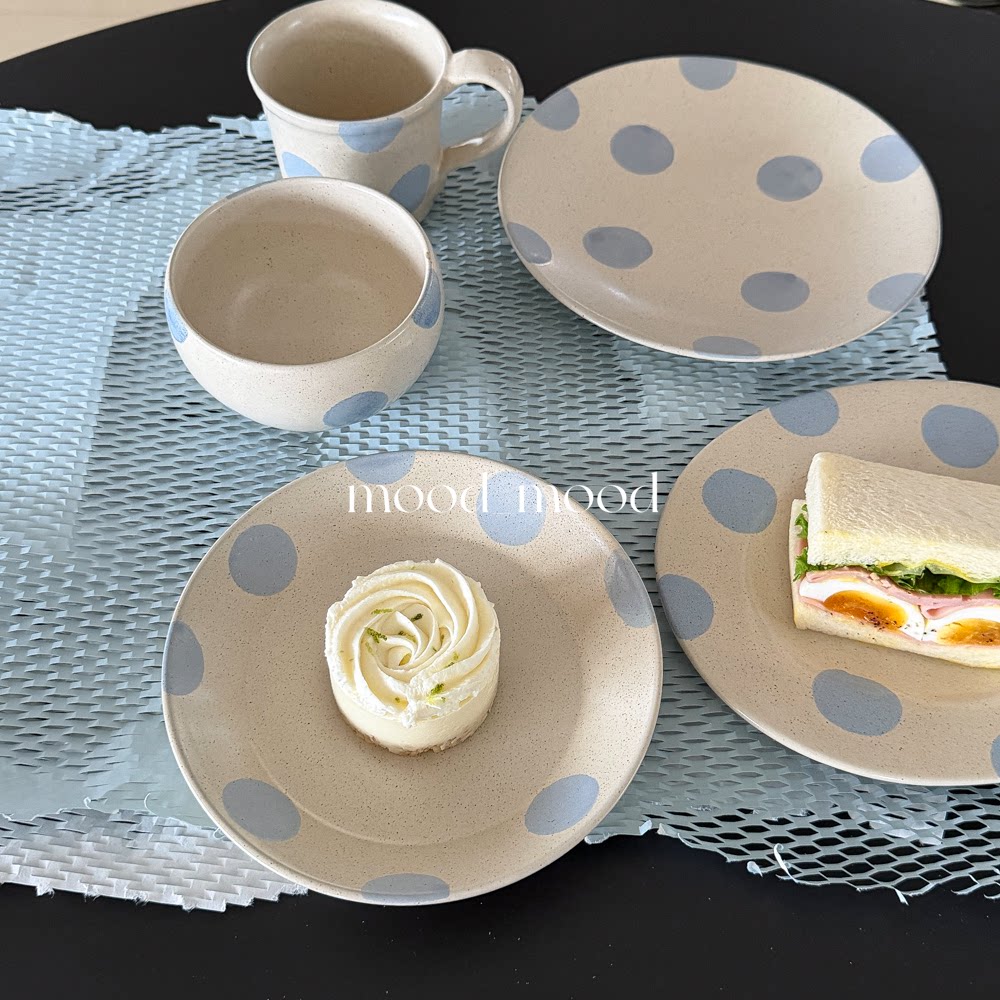 mood 景德镇蓝色波点盘 不规则芝麻粗陶手绘复古手作陶瓷饭碗甜品