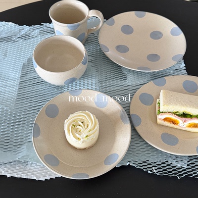 mood 景德镇蓝色波点盘 不规则芝麻粗陶手绘复古手作陶瓷饭碗甜品