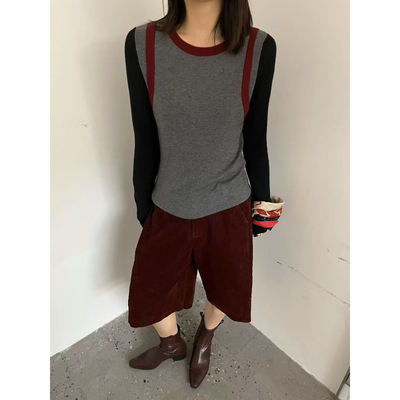 拼接假两件撞色长袖T恤女