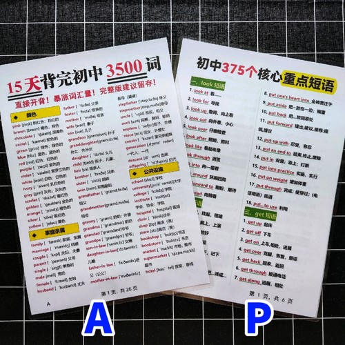 初中英语必背3500个单词高频重点短语汇总复习背诵A4塑封学习卡片
