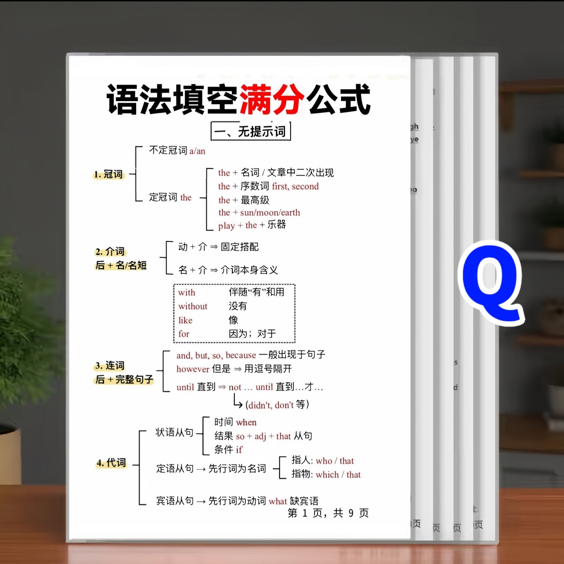 初中英语语法填空满分公式口诀答题技巧专项训练A4塑封学习卡片