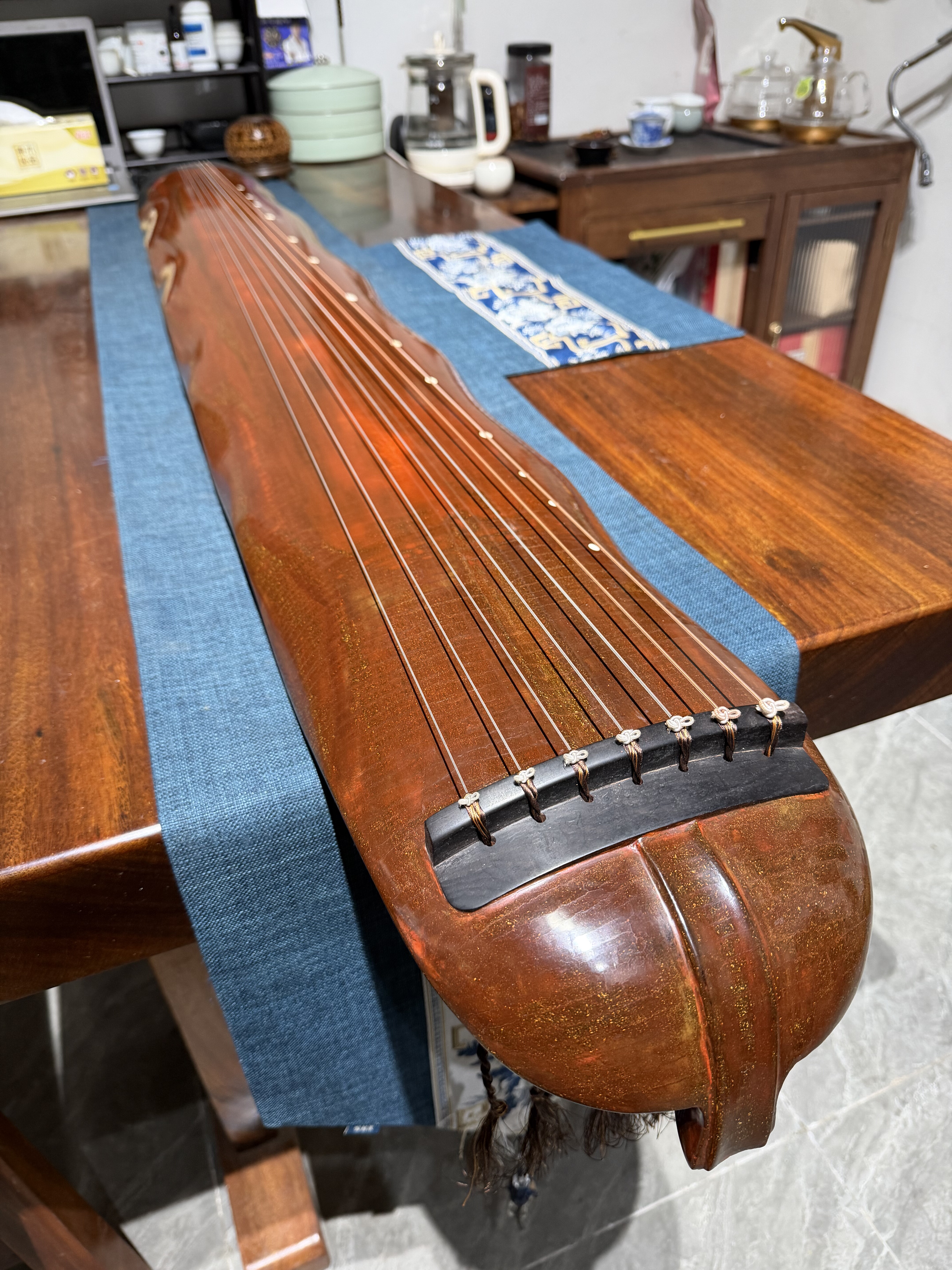 一铭老师斫纯生漆纯鹿角霜老杉木蕉叶式纯手工缎纹古琴演奏收藏级