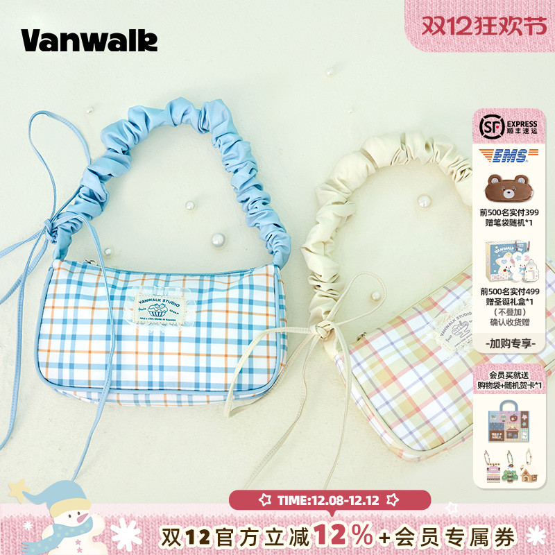 肥肠圈奶油格纹单肩包