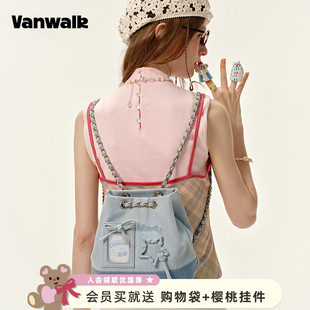 VANWALK手账系列 菜篮子包女生旅游链条水桶双肩包牛仔斜挎包 新款