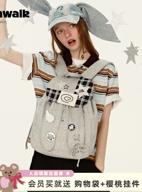 VANWALK手账系列 原创高颜值兔子耳朵翻盖束口双肩包出游通勤书包