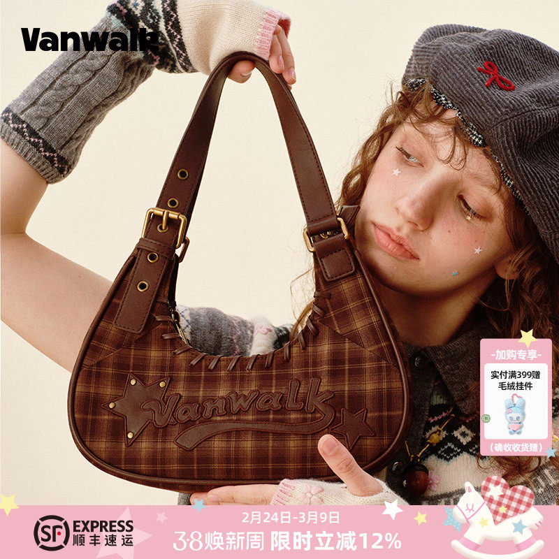 VANWALK松果部落 秋冬复古新款格子月牙包女简约通勤手提腋下包包