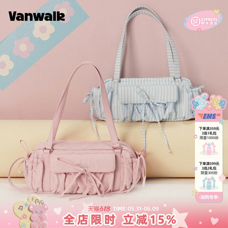 VANWALK手账系列 出游芭蕾风蝴蝶结单肩包少女休闲旅行手提托特包