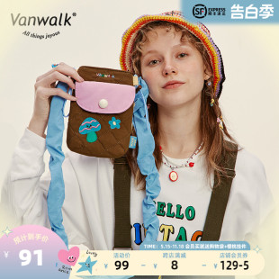 复古少女格子单肩包新款 VANWALK小花园 原创刺绣手机斜挎小包ins