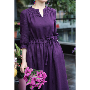 心动 亚麻旅行文艺气质连衣裙袍子 十木米原创夏新款