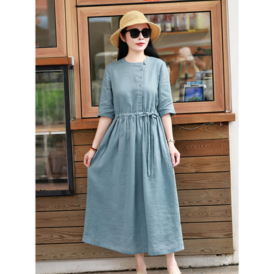 青湖/十木米原创夏款百分百亚麻文艺复古显瘦气质长款连衣裙