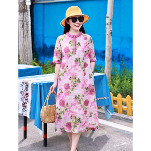花仙子 苎麻印花清新文艺气质中长连衣裙 十木米原创设计夏新款