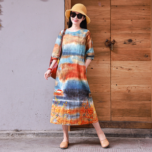 康定情歌 亚麻印花民族风文艺旅行连衣裙 十木米原创夏新款