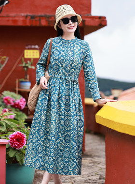 然乌湖/十木米原创进口亚麻印花旅行文艺民族风连衣裙秋新款