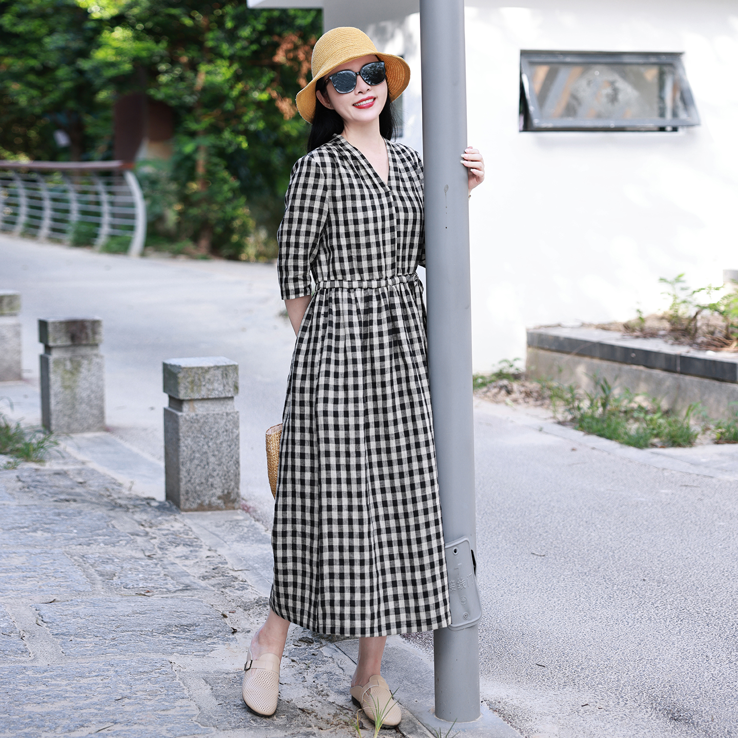 雅洛/十木米原创夏款百分百亚麻色织格子文艺优雅气质长款连衣裙