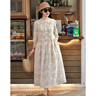 店主推荐 温辞/十木米原创夏季新款棉麻提花文艺复古连衣裙