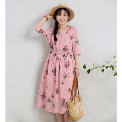 人间温柔/十木米原创苎麻印花文艺清新优雅双层长款连衣裙夏新款