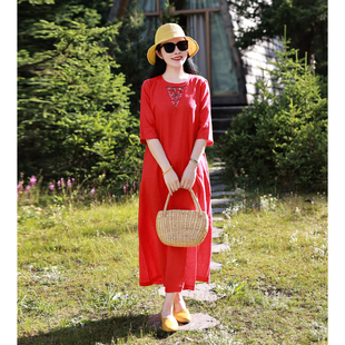 盛放/十木米原创百分百亚麻绣花旅行文艺气质红色长款连衣裙