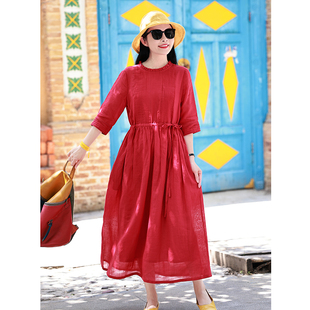 双层红色连衣裙袍子 苎麻文艺旅行长款 流浪诗人 十木米原创夏款