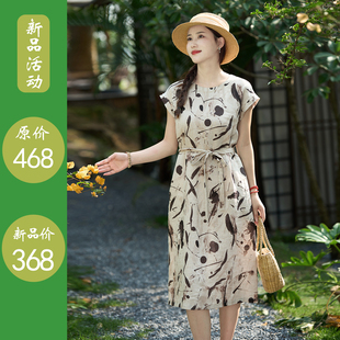 墨溪/十木米原创夏款亚麻雨露麻印花旅行文艺小飞袖中长连衣裙