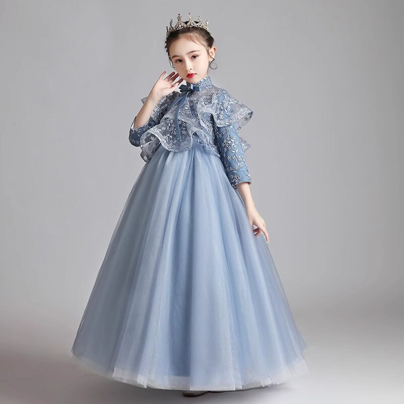 大码加肥微胖礼服花童古筝蓝色长袖女童生日秋冬公主裙小提琴钢琴