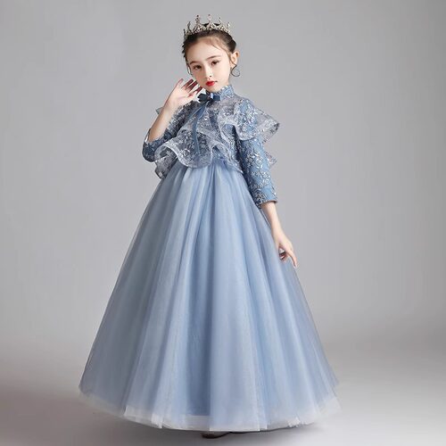 大码加肥微胖礼服花童古筝蓝色长袖女童生日秋冬公主裙小提琴钢琴