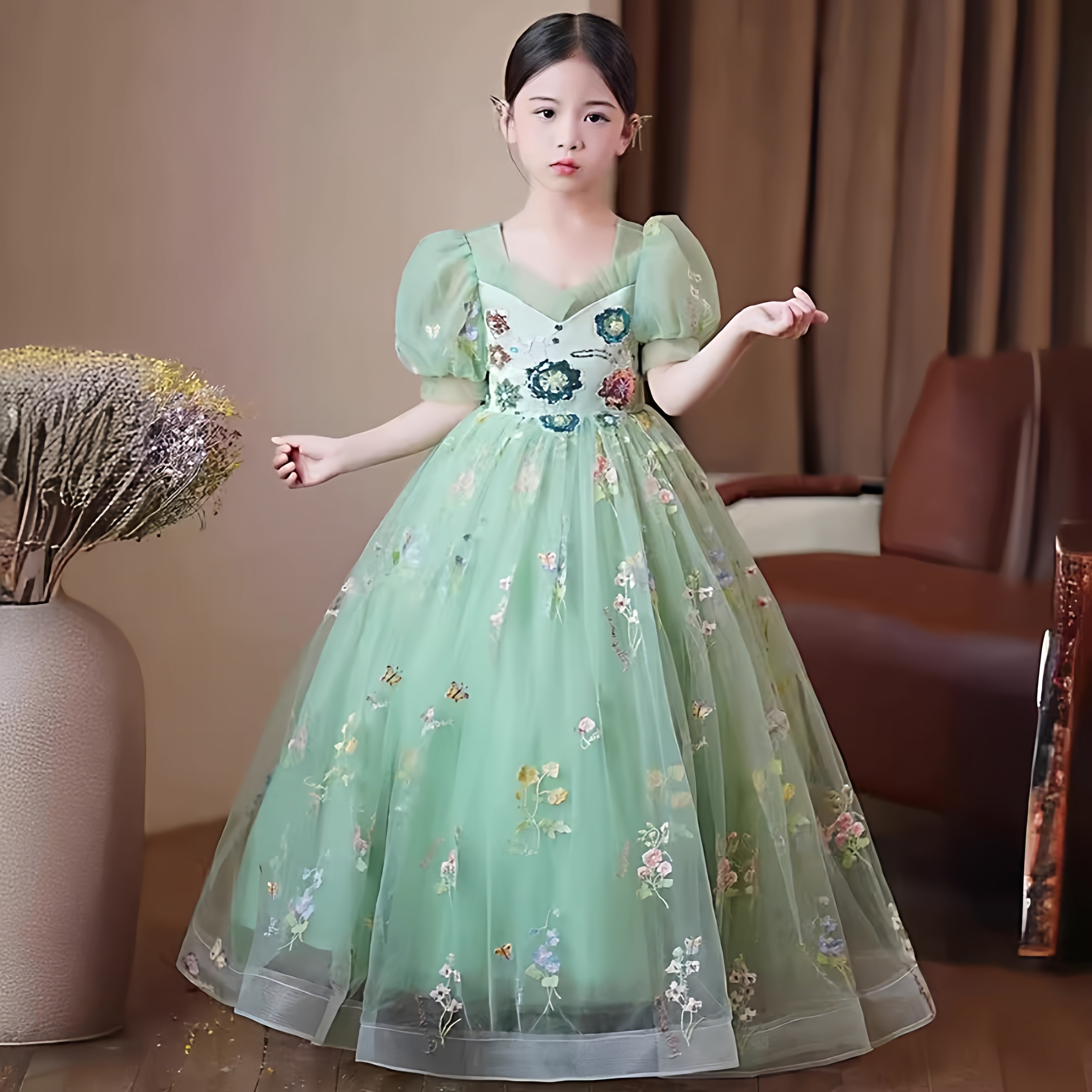 大码加肥公主裙儿童绿色女童礼服生日走秀蓬蓬纱主持人钢琴演出服