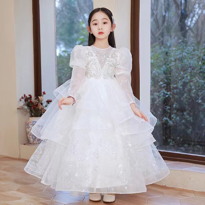 大码加肥微胖礼服花童古筝白色长袖女童生日秋冬公主裙小提琴钢琴