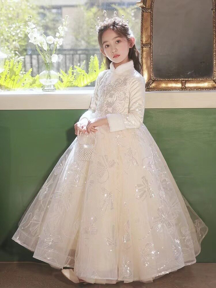 大码女大童长袖礼服花童婚礼女孩公主裙生日宴会主持人钢琴演出服