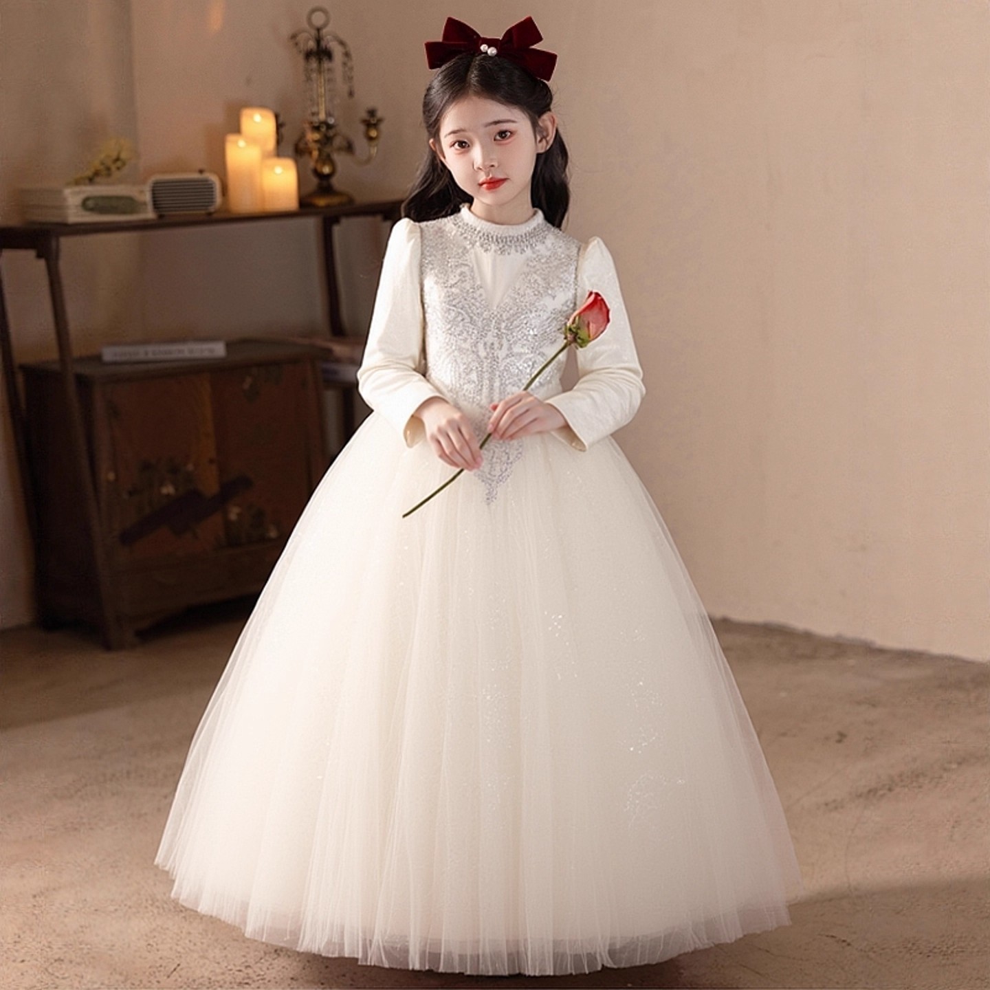 大码加肥微胖女孩礼服婚纱加绒长袖女童生日秋冬公主裙小提琴演奏