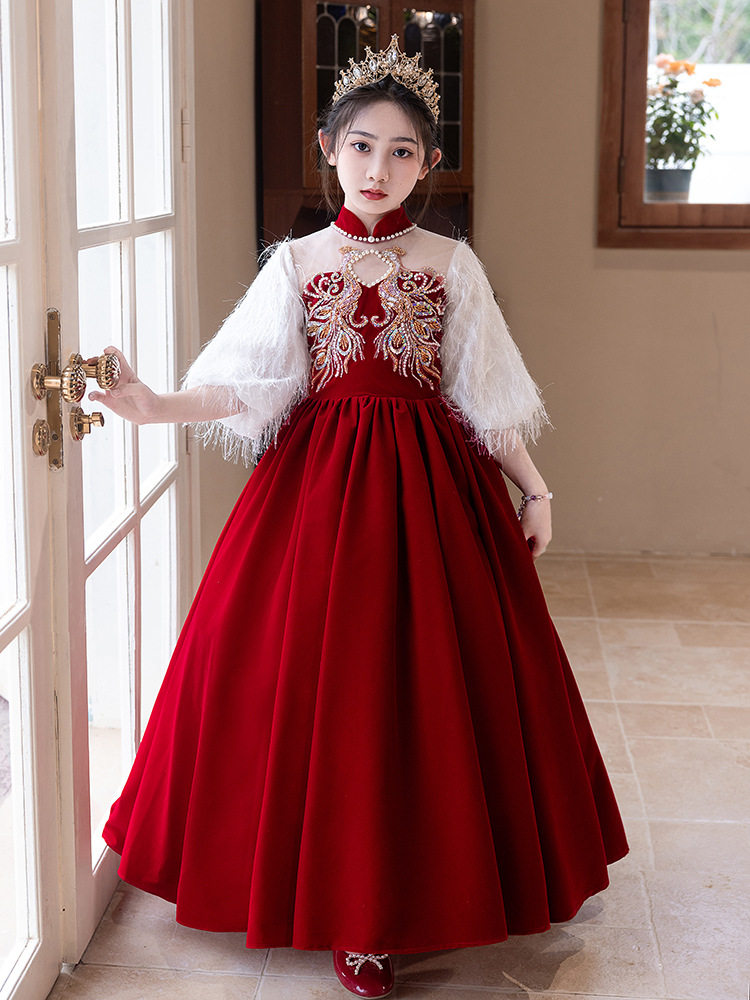 红色好看的晚礼服花童婚礼小女孩女童生日钢琴演奏舞蹈主持公主裙