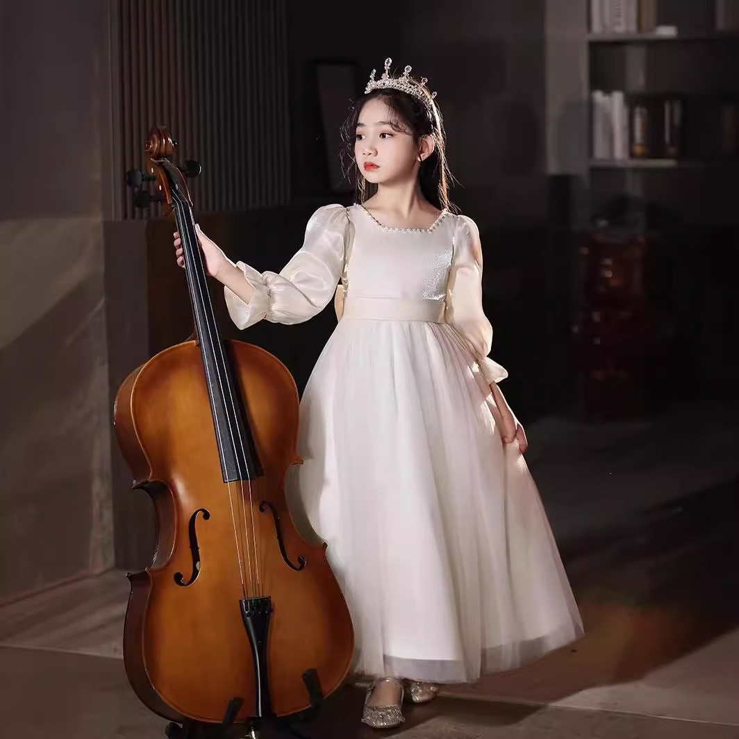 大码加肥微胖女孩礼服婚纱香槟长袖女童生日秋冬公主裙小提琴演奏