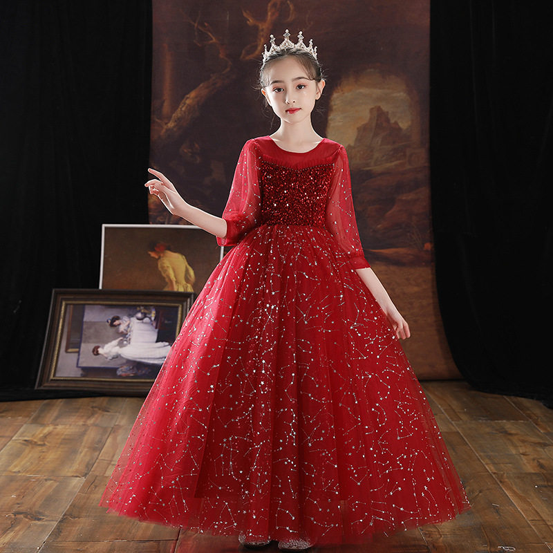 女大童大码高端红色新年礼服公主裙婚纱裙蓬蓬纱主持人钢琴演出服