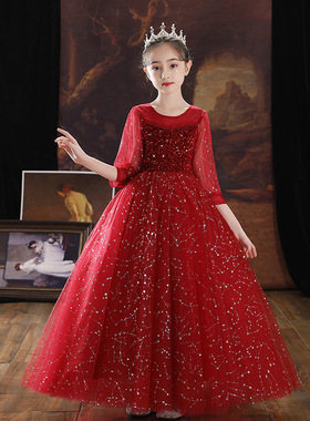 女大童大码高端红色新年礼服公主裙婚纱裙蓬蓬纱主持人钢琴演出服
