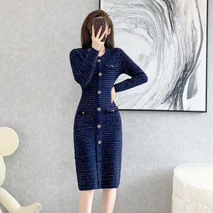 国风毛衣女装2024新款秋冬打底高级感暗黑恶女风穿搭宝蓝色连衣裙