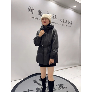 芮娜依莲9236冬新款加肥加大码女装胖妹妹减龄连帽拼接收腰羽绒服